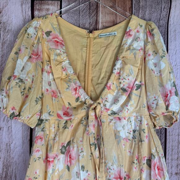 Abercrombie & Fitch Dress Babydoll Front Tie Floral Yellow Summer Spring Large - Picture 3 of 8